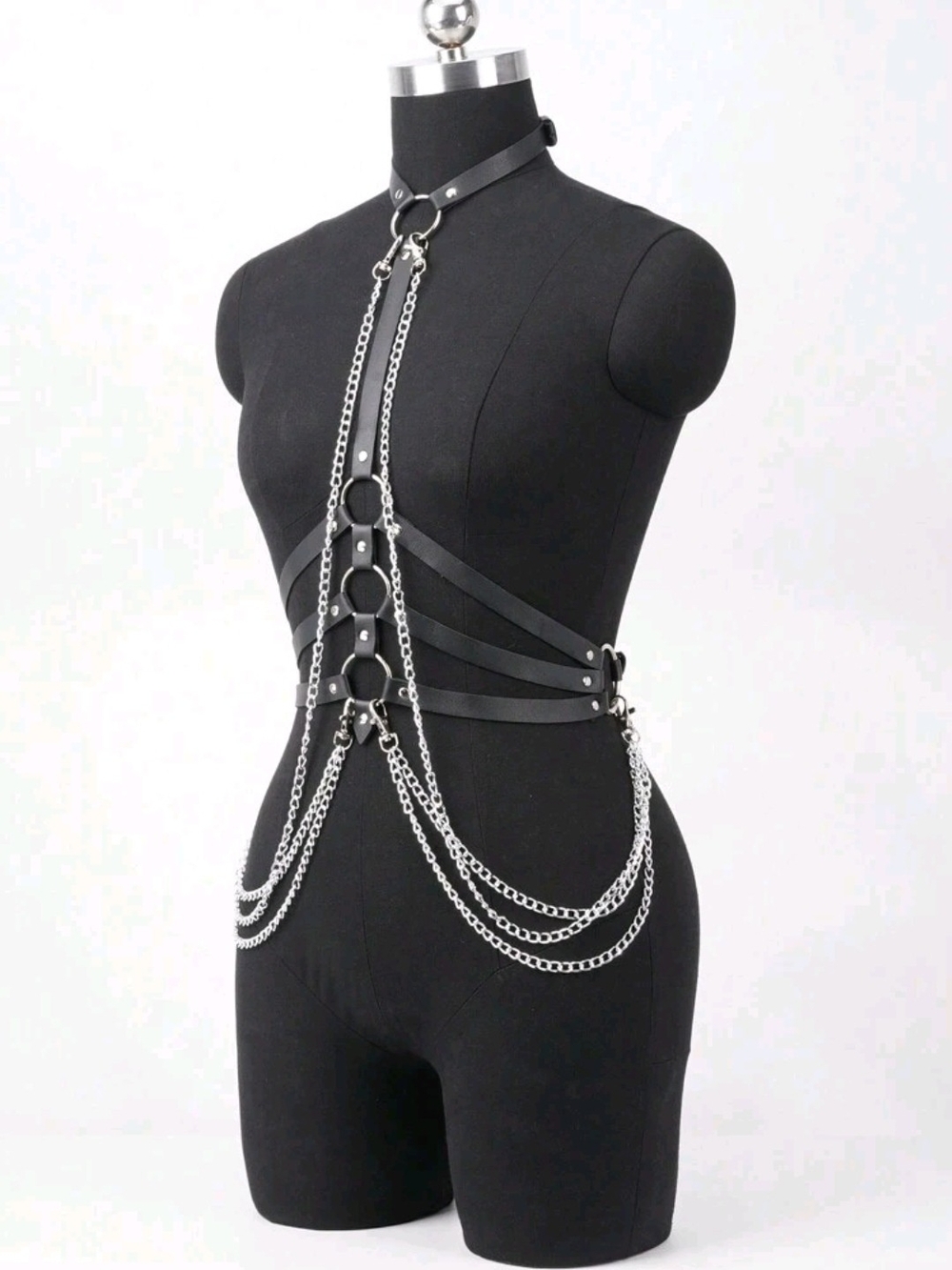 Gothic Faux Leather Harness with Silver Chains - Picture 1 of 8
